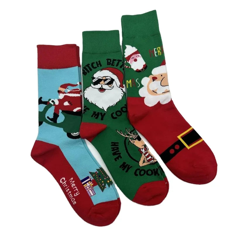 Wholesale Fashion Custom 100% Cotton Socks Men Christmas Theme Santa Clause Christmas Tree Elk Funny Novelty Cute Unisex Socks