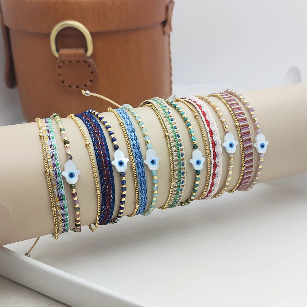 Natural Tourmaline Braided Beaded Women's Charm Bracelet Lucky Devil's Eye Stacking Fatima Palm Miyuki Glass Beads Fashion