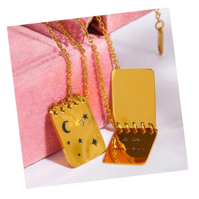 Custom Moon Star Engraved Rectangle Notebook Pendant Necklace Stainless Steel Jewelry Fashion Fine Notepad Necklace for Wom