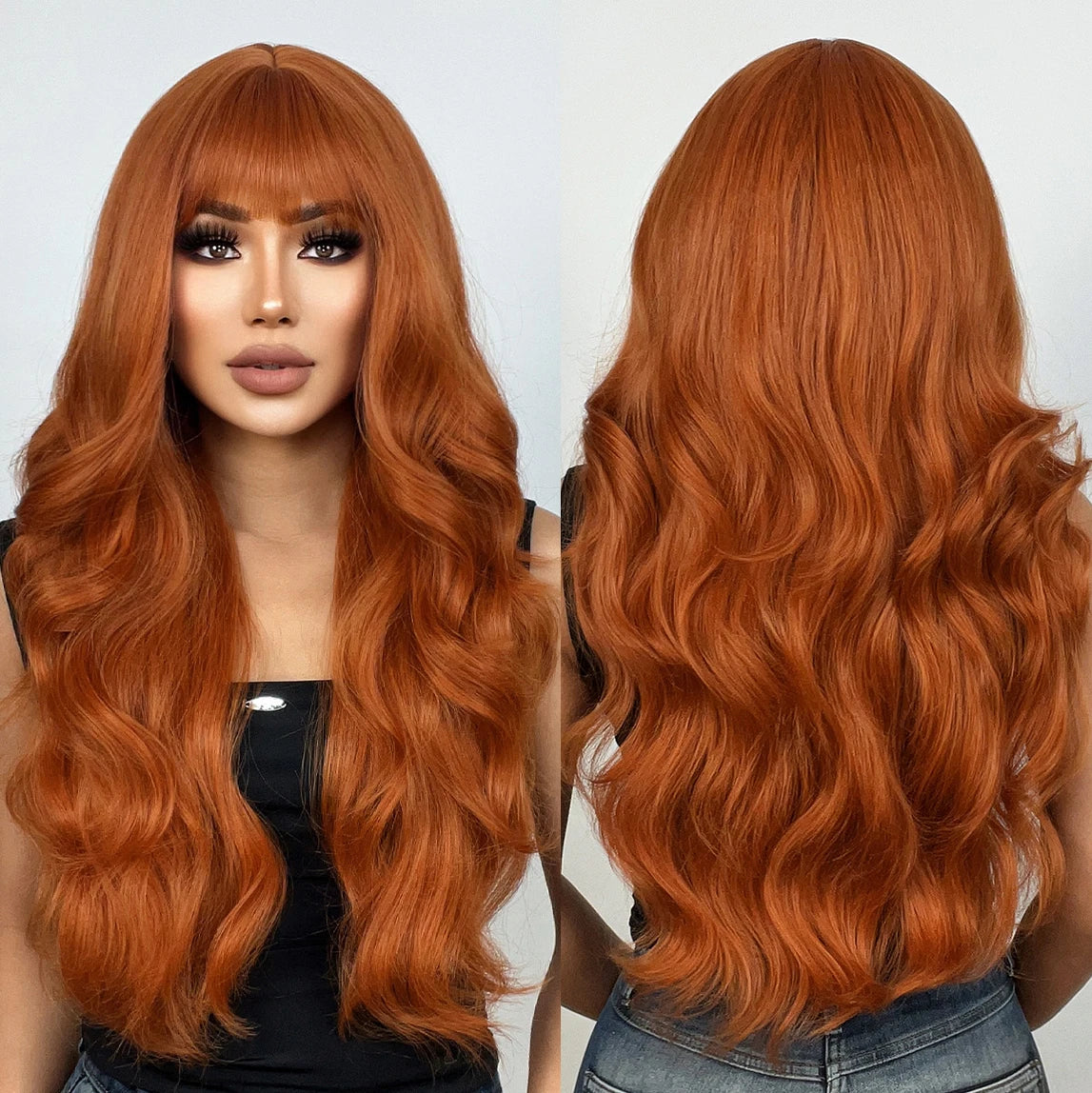 Factory Wholesale Price Long Wave Orange Synthetic Wigs for Black Women Natural Wavy Wigs With Bangs Heat Resistant Fiber Wig