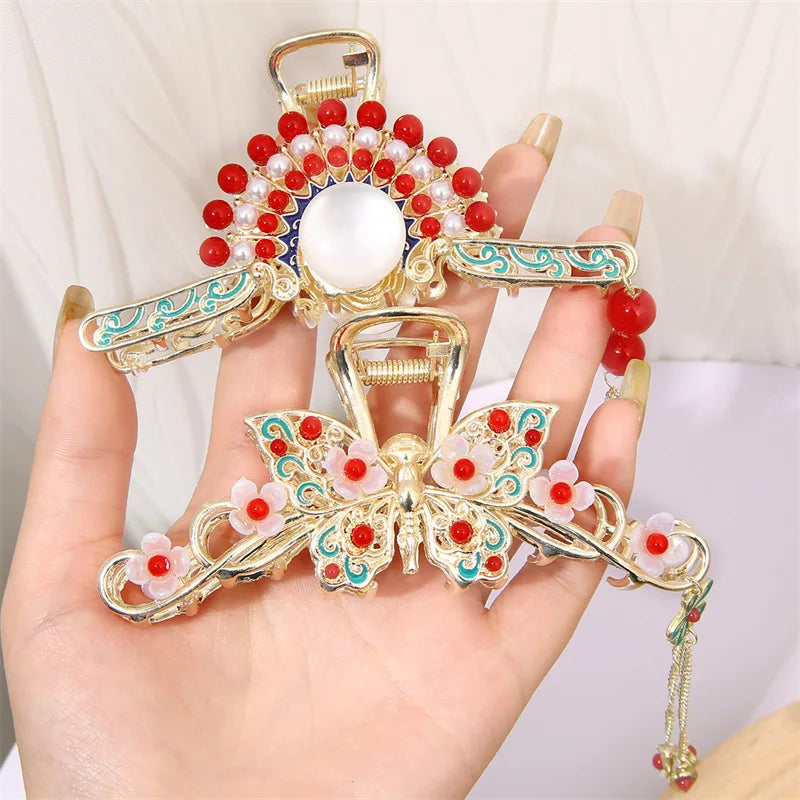 Chinese Style Ladies Vintage Fancy Pearl Butterfly Hair Claw Clips Alloy Metal Hairpin Headwear for Thick Hair