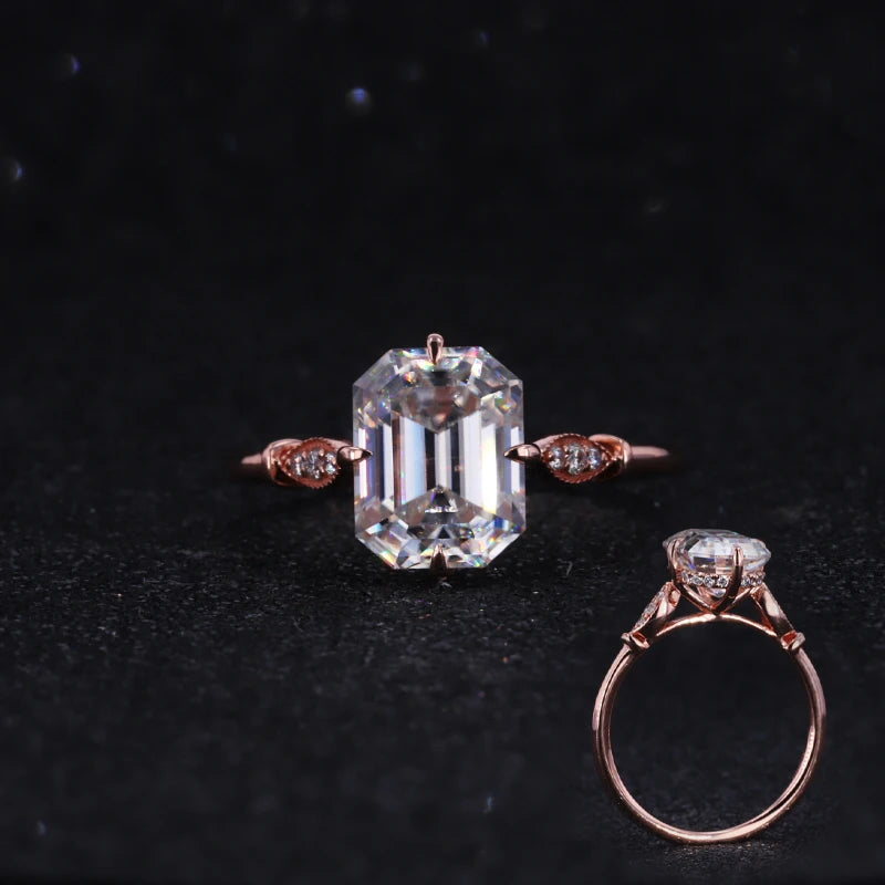 14k Rose Gold Vintage Style Lab Grown Diamond Side Stones Windmill Emerald Cut 7x9mm Moissanite Jewelry Rings