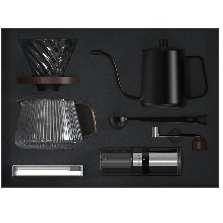 Premium Gift Box Outdoor Travel Drip Coffee Set with Pour Over Coffee Maker Filter Kettle Ceramic Burr Manual Coffee Grinder