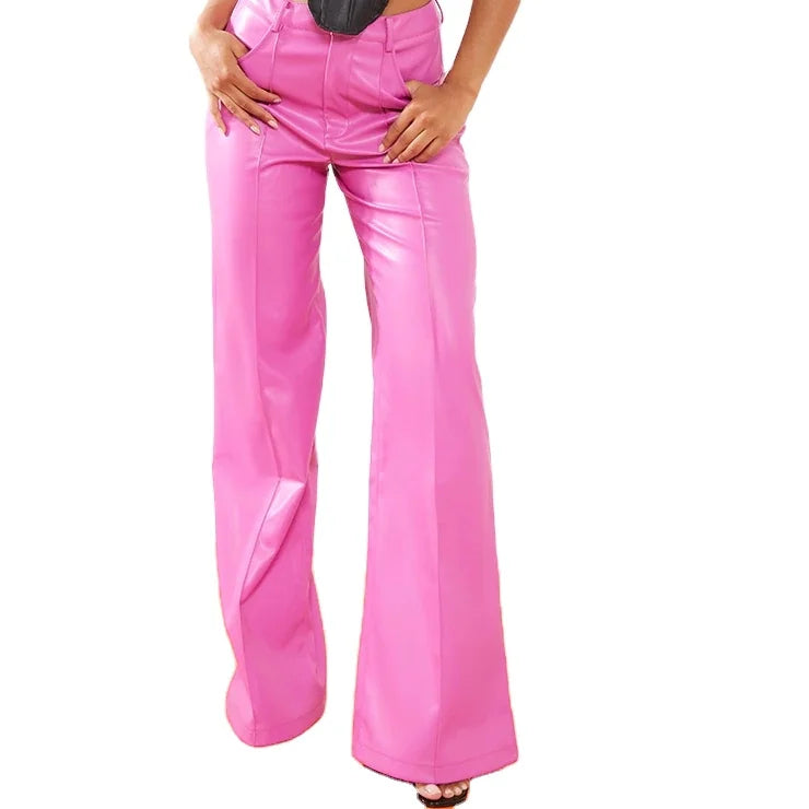 KY Women's Faux Leather Pants with Wide Leg Breathable PU Trousers Flat Front ODM Supply