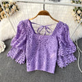Retro Style Style Square Neck Bubble Short Sleeve Hook Flower Hollow Lace Shirt Women's Short Top