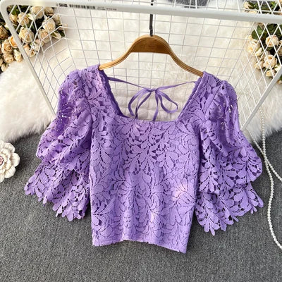 Retro Style Style Square Neck Bubble Short Sleeve Hook Flower Hollow Lace Shirt Women's Short Top