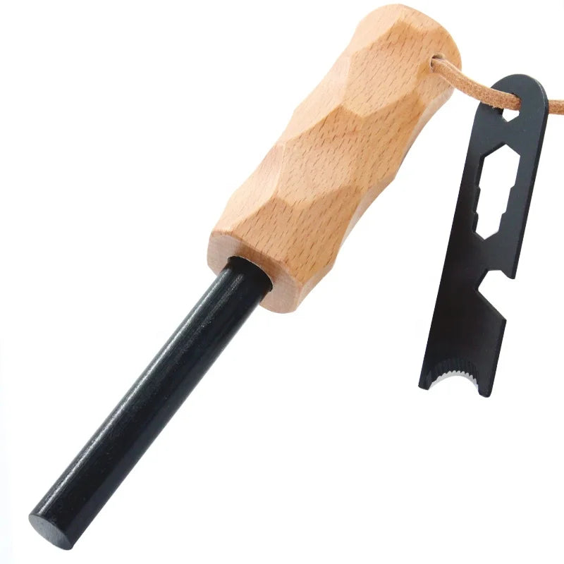 Outdoor Supplies Wooden Handle Magnesium Ferro Rod Fire Starter for Camping Tools Kit