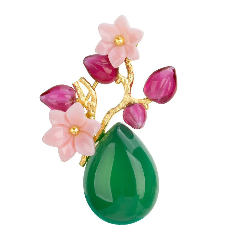 Original Design Retro Female High-End Temptation Anti-Light Green Chalcedony Pink Crystal Brooch Small Semi-Precious Stone Craft