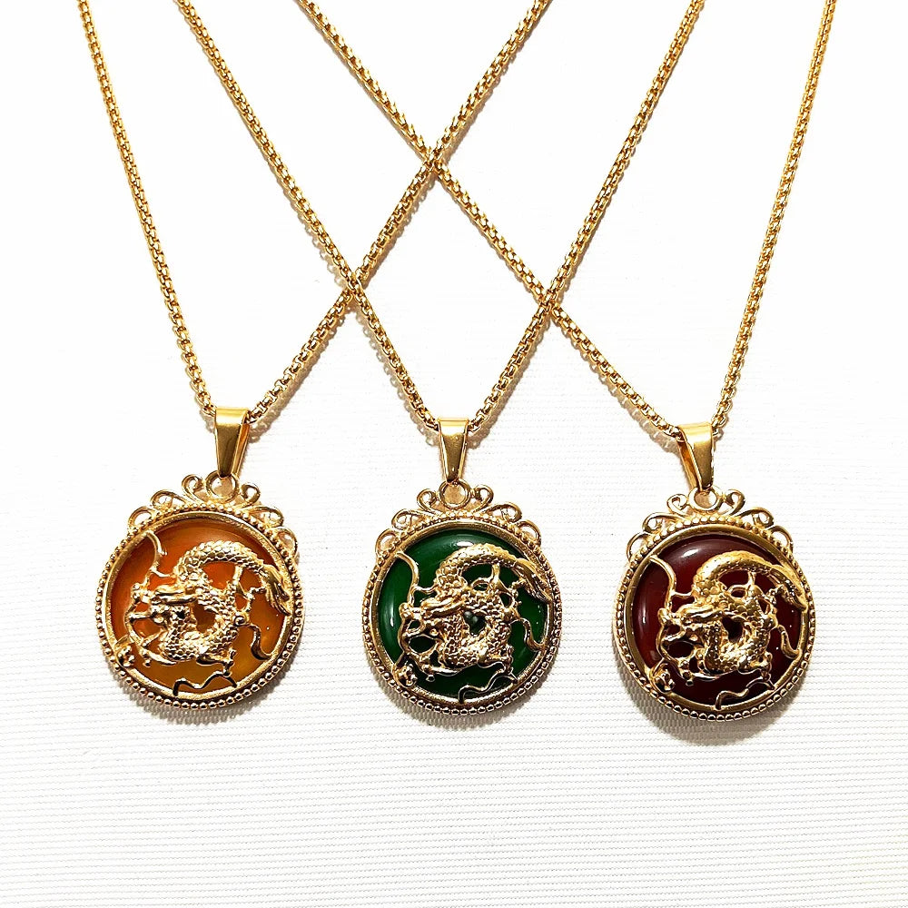 Religious Good Luck Design Green Agate Dragon Pendant Necklace Stainless Steel Men Chinese Tibet Jade Dragon Necklace