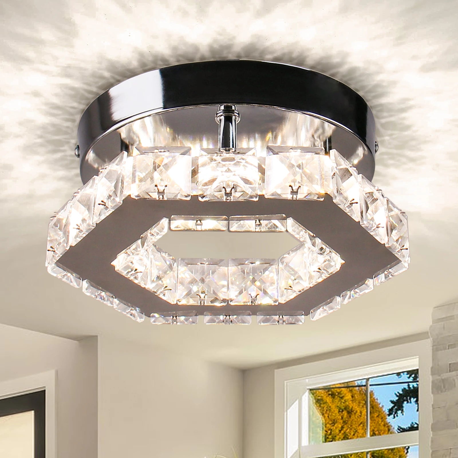 Modern Crystal Chandelier Ceiling Light Dimmable with Remote Control AC Powered 3 Colors Changeable for Room Use