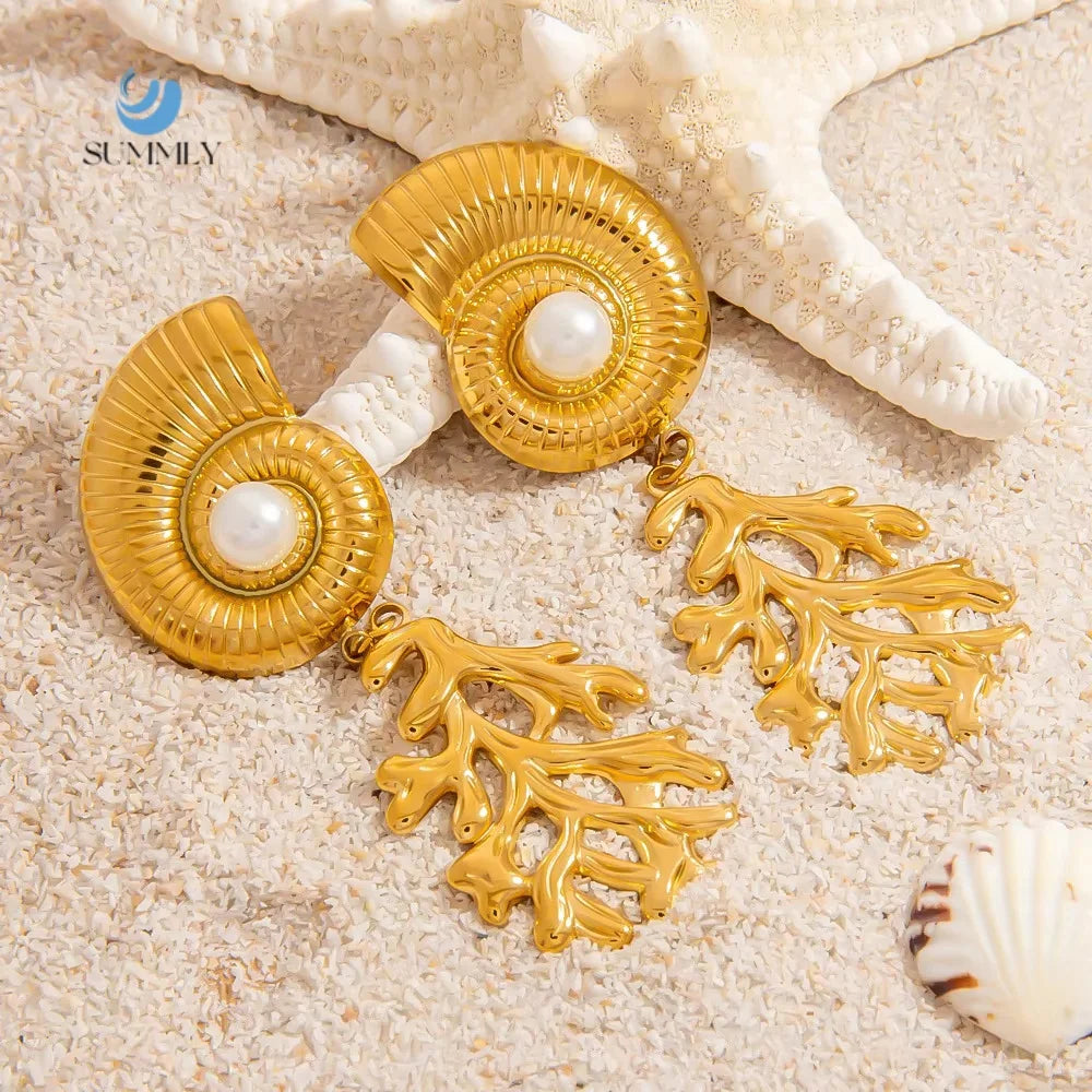 SUMMLY Trend Wholesale Luxury Classic Shell Shape 18K Gold Plated Coral Charm Pendant Stainless Steel Earrings Fashion Jewelry