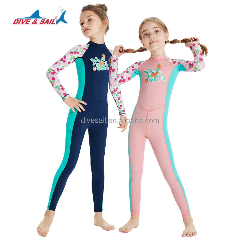 Dive&Sail Wholesale New Style One-piece Long Sleeve Animal Print Rash Guard Wetsuit Girls Kids Back Zipper Hot Spring