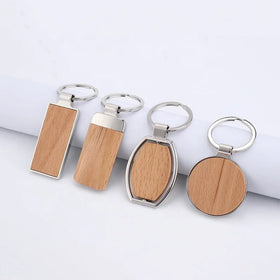 Fashion Design Custom Carving Beech Wood Keychain Blank Wooden Pendant Keyring with Laser Engraved Logo Made Alloy PU Plastic