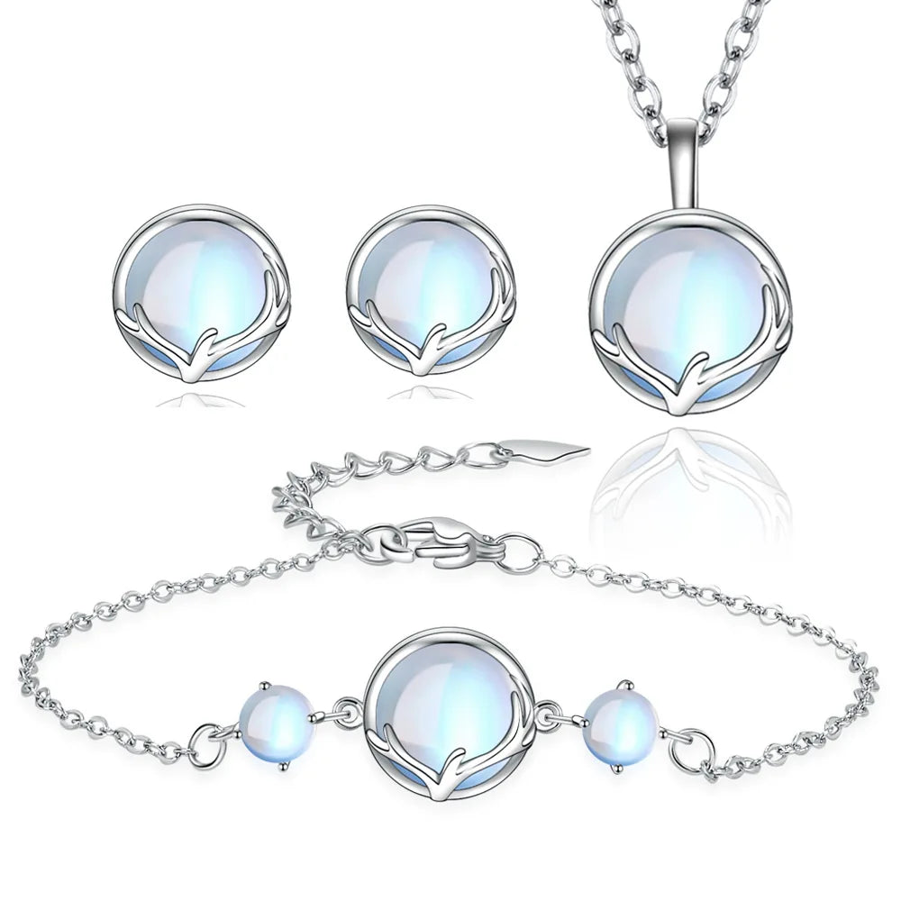 Wholesale Rose Gold Silver Plated Charm Antler Deer Earring Necklace Bracelet Moonstone Jewelry Set for Women