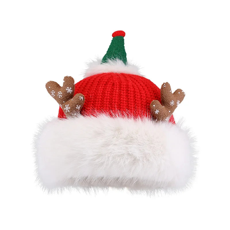 Cute Reindeer Antler Crochet  Hat Winter Warm Knitted Antler Caps Christmas Beanie With Plush Brim