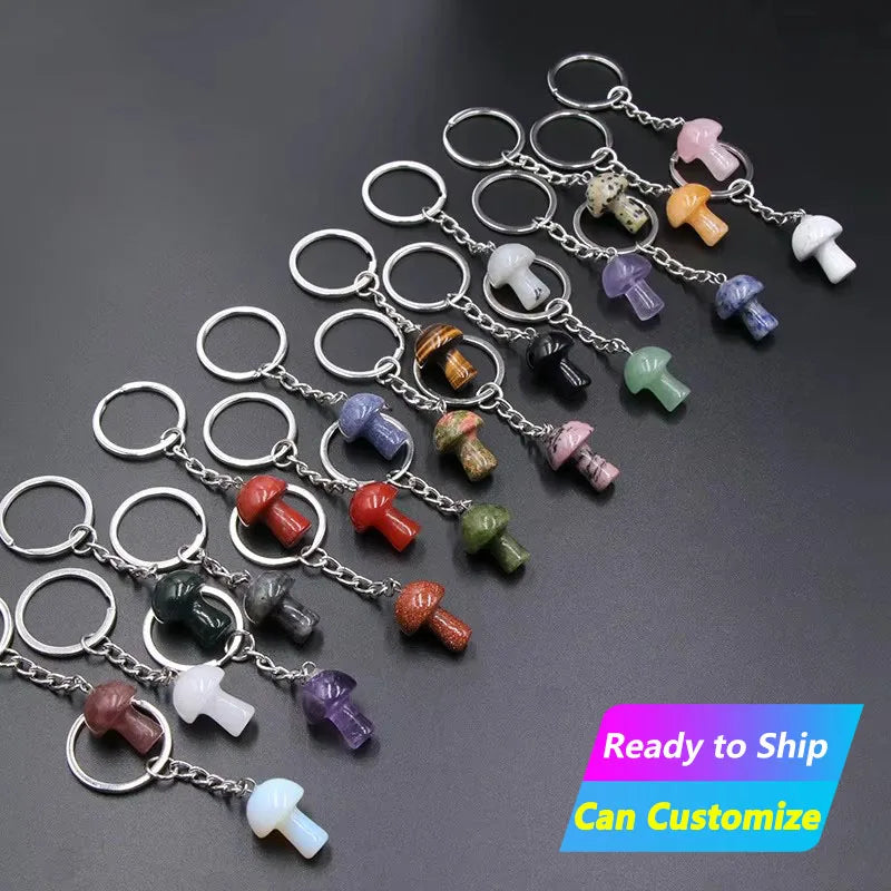 Wholesale Hot Selling Metal Amethyst Natural Crystal Healing Stone Rose Quartz Crystal Mushroom Keychain