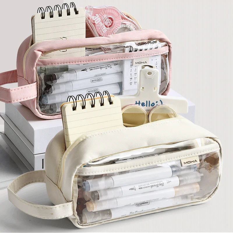 Transparent Simple Ins Large Capacity Pencil Case Multi-Layer Storage Stationery Bag for Students
