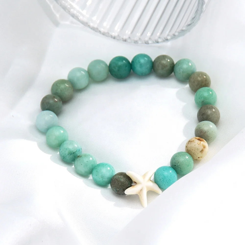 Western Jewelry New Simple Jewelry 8mm Natural Stone Beaded Elastic Bracelet Turquoise Seastar Charm Bracelet