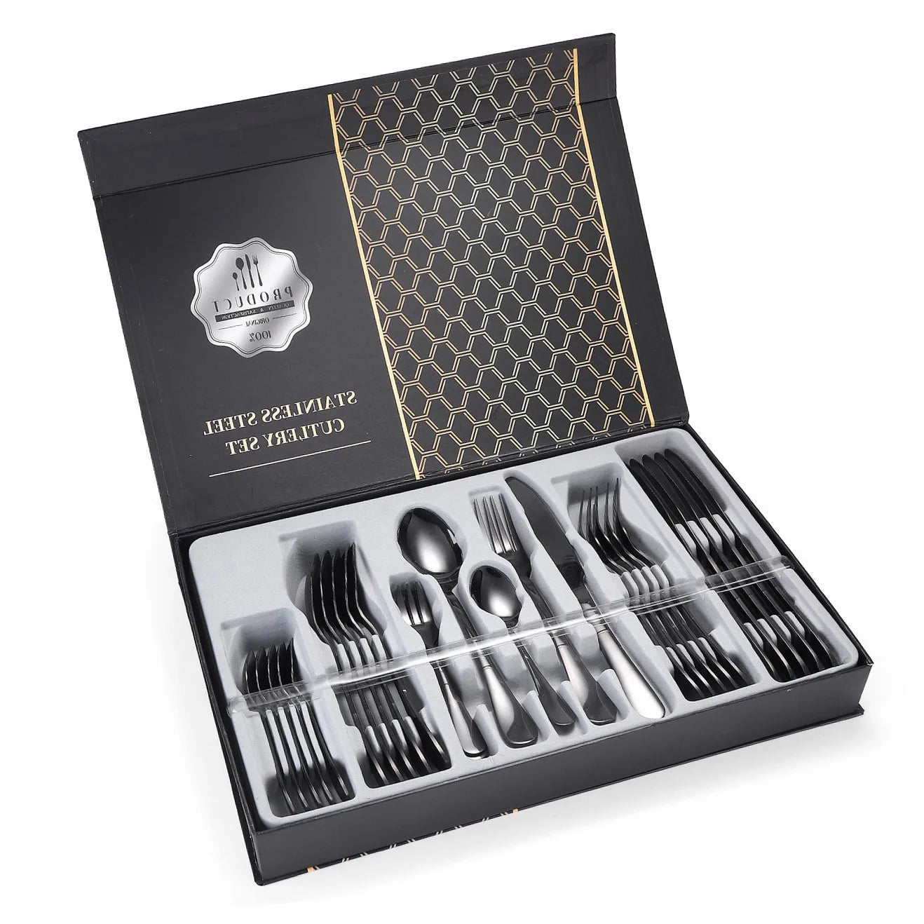 Meilleures Ventes Durable De Qualite Alimentaire Cuisine Noir Vaisselle Couverts Couverts Ensemble 30 Pieces En Acier Inoxydable