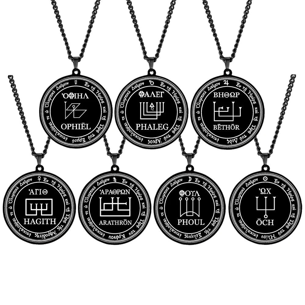 Black Seals of the Sigil Seven Olympian Spirits PHALEG ARATHRON BETHOR OPHIEL OCH HAGITH PHUL Stainless Steel Pendant Necklace