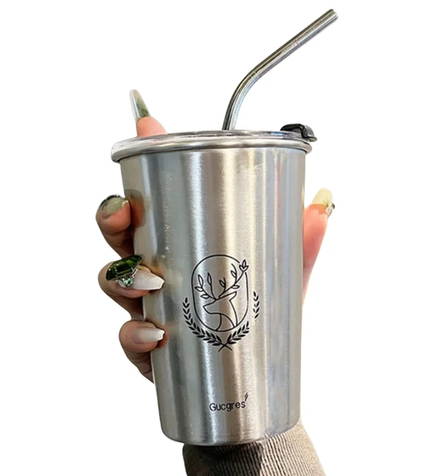 Stainless Steel Promotion Gifts Beer Tea Coffee Milk Bottle Simplicity Travel Mug Coffee Handy Cups with Lid and Straw
