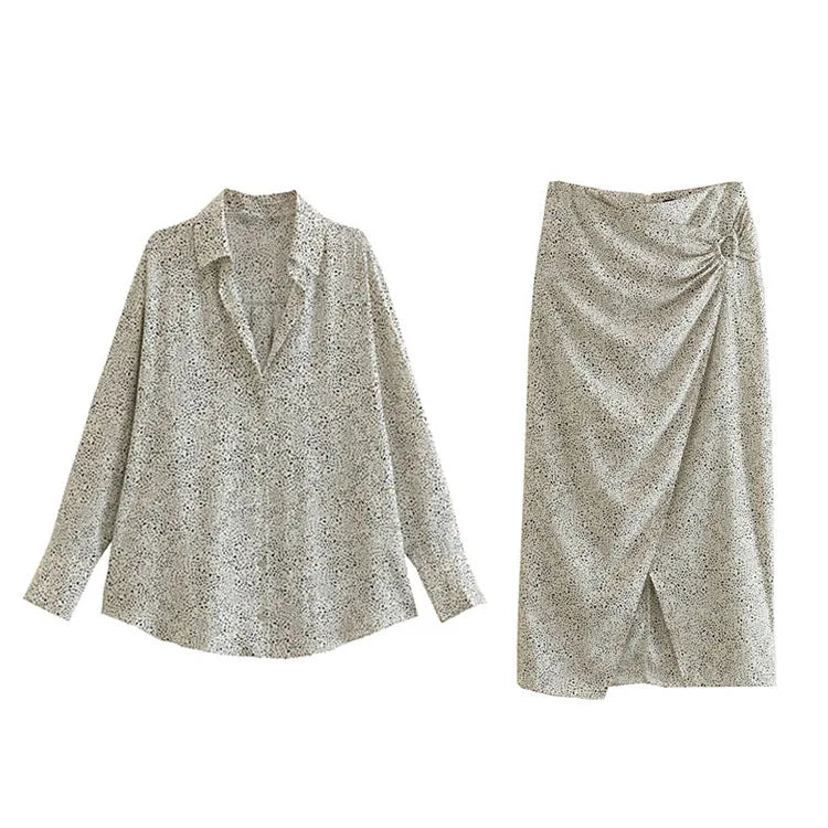 2023 Spring New Leopard Print Silk Satin Texture Shirt Pleated Skirt Suit Women