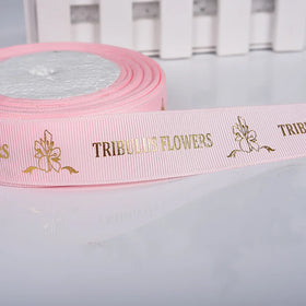 Factory Custom Ribbon 2.5cm Design Packaging Ribbon 3D Hot Stamping Gold Foil Logo Grosgrain Ribbon Roll