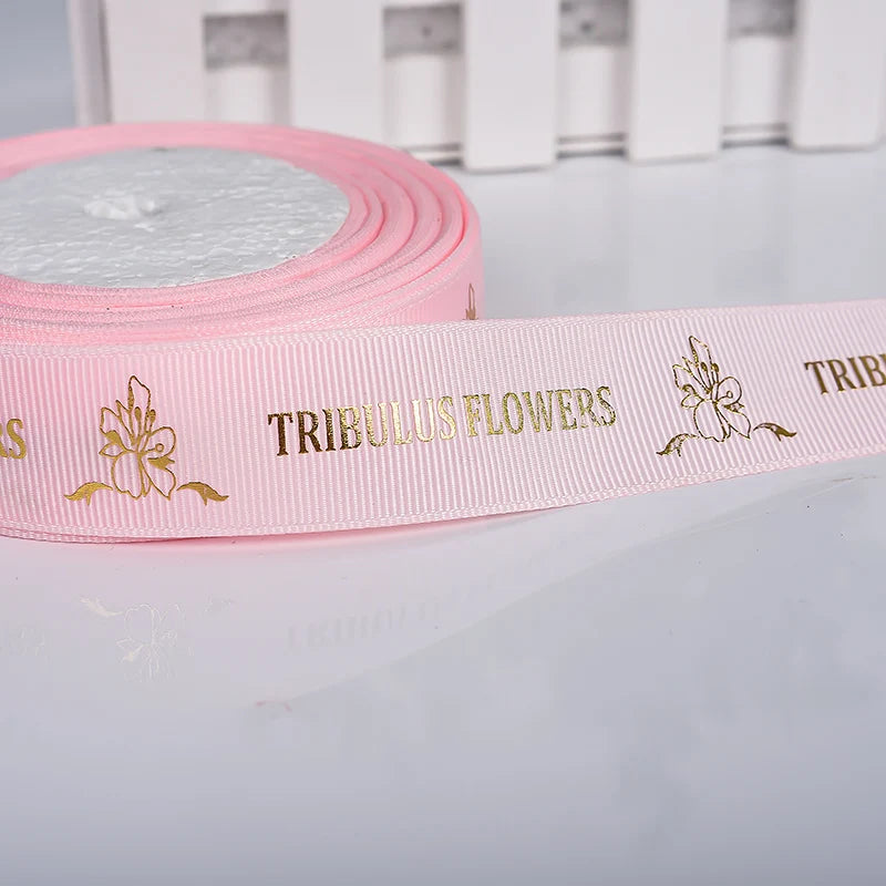Factory Custom Ribbon 2.5cm Design Packaging Ribbon 3D Hot Stamping Gold Foil Logo Grosgrain Ribbon Roll