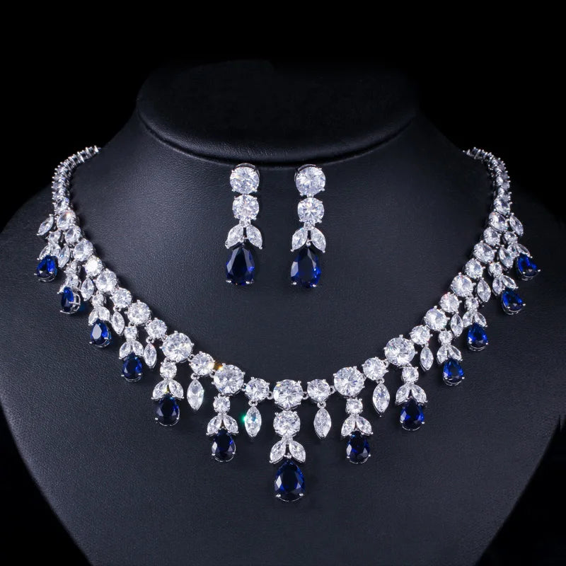 Luxury Dark Blue Women Wedding Party Dress Jewellery Big Dangle Drop Bridal CZ Necklace Earrings Jewelry Sets