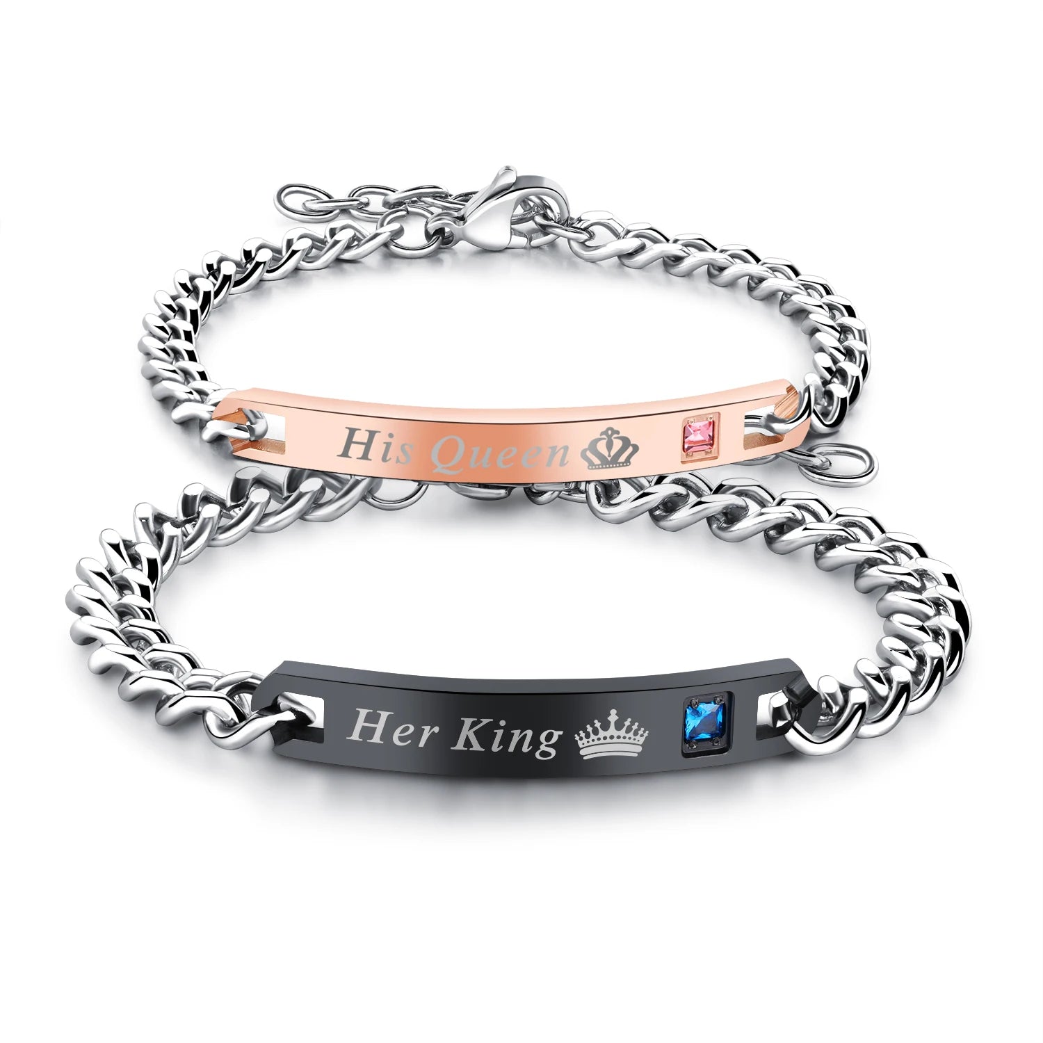 Luxury Polished His Queen Her King Crown Couple Bracelet Crystal Inlay Charm Chain Lovers Bangle Bracelet Gift