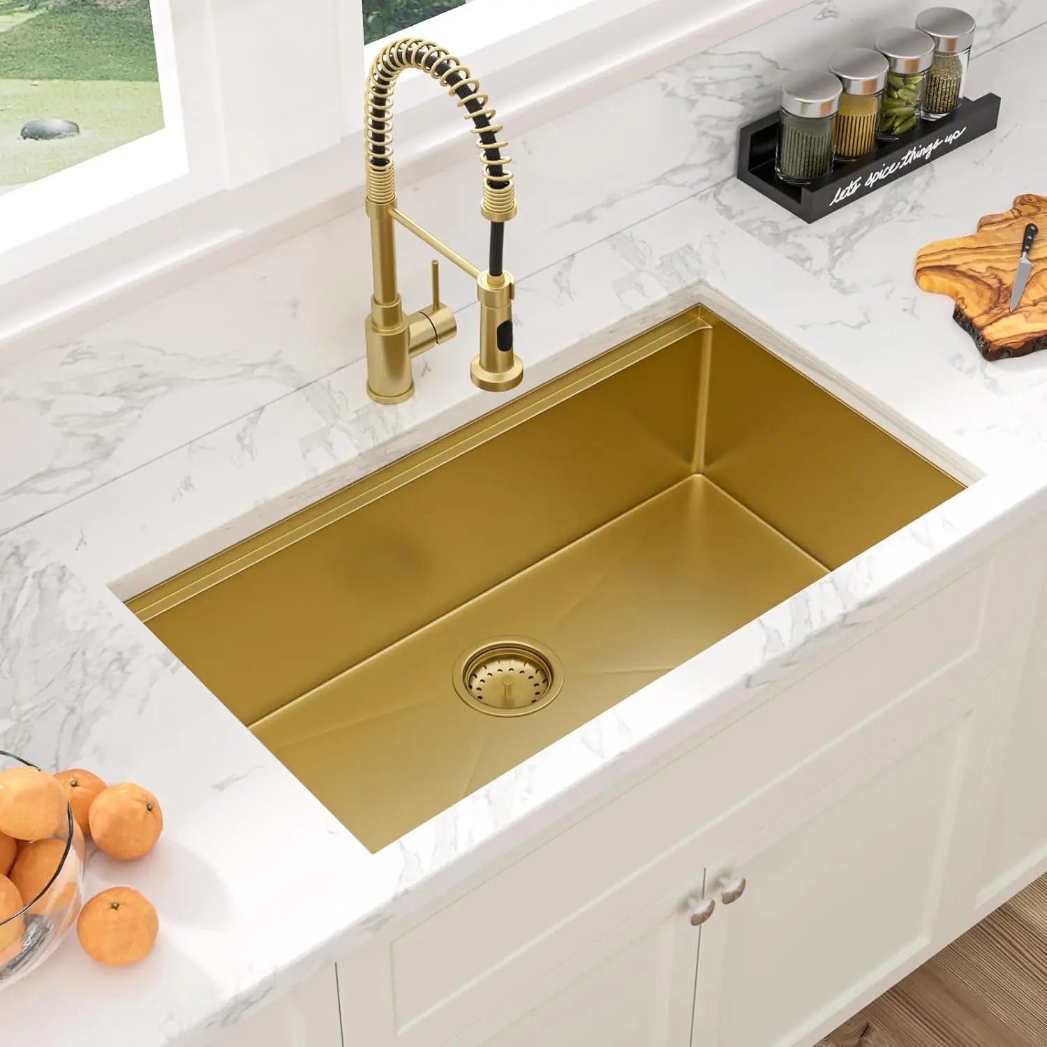 US Free Shipping 45-inch 16 Gauge with Workstation Cutting Board Gold Undermount Single Bowl Stainless Steel Kitchen Sink