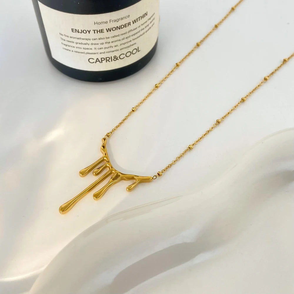 Lava Water Drop Irregular Pendant Necklace Joyas De Acero Inoxidable Stainless Steel Plated 18K Gold Lock Bone Chain