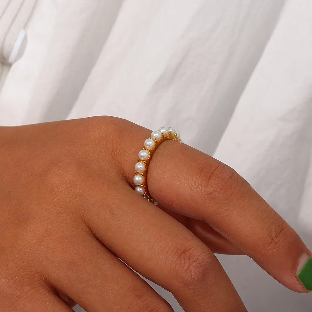 Wholesale Imitation Pearl Finger Ring 18K Gold Plated Stainless Steel Jewelry for  Women  Wedding Gifts