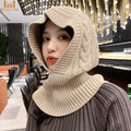 Winter Cable Knit Pattern Hooded Neck Warmer Warm Neck Protection Hat Set Retro Solid Color Wool Balaclava