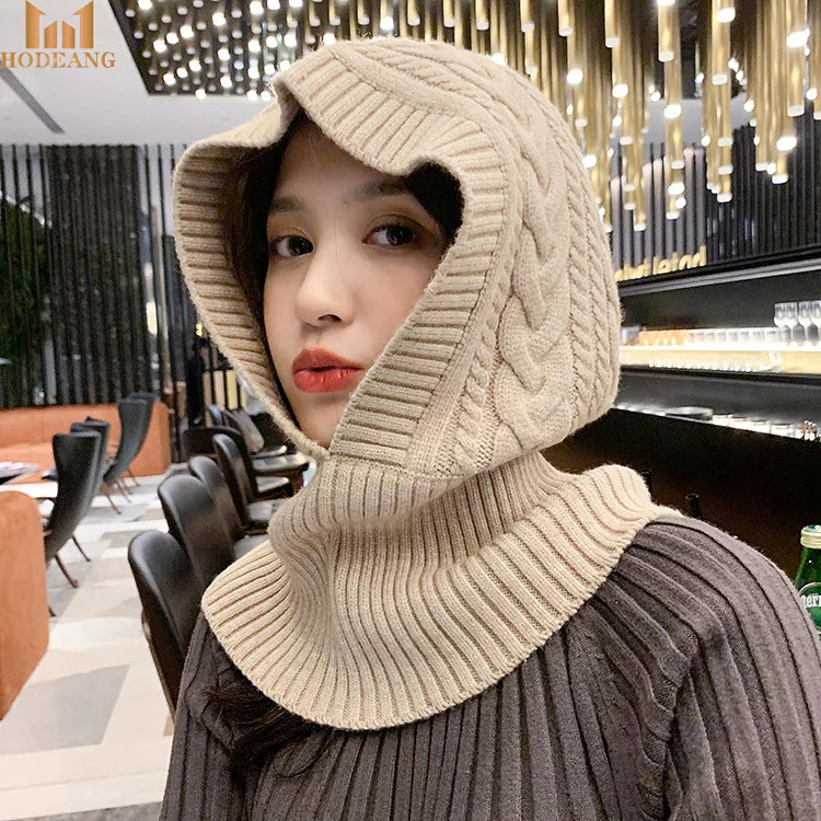 Winter Cable Knit Pattern Hooded Neck Warmer Warm Neck Protection Hat Set Retro Solid Color Wool Balaclava