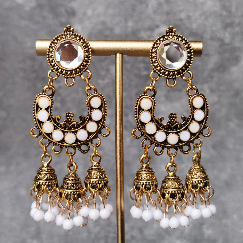Vintage Bohemian Indian Jhumka Jhumki Silver/Gold Plated Alloy Hollow Crystal Beaded Dangle Long Tassel Earrings for Women
