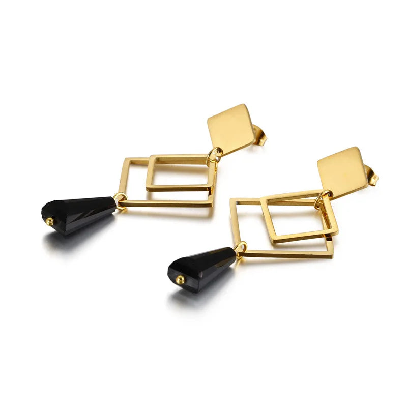 Hot Sale QUSEDINY Fashion Minimalist Gold Plated Stainless Steel Jewelry Geometric Shape Hollow Studs Drop Earrings for Women