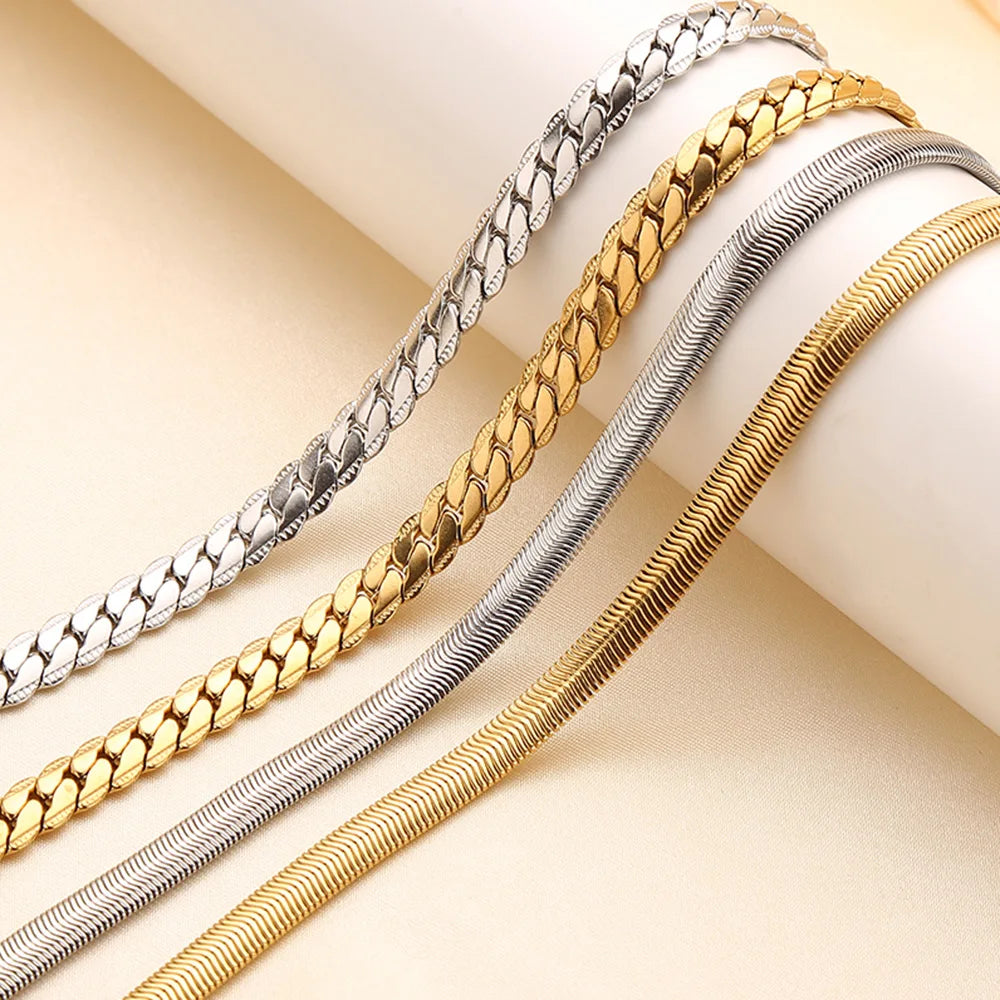 New HipHop 6mm Antiallergic 18K Gold Plated Stainless Steel Flat Snake Chain Necklace for Women and Men MegaBDM