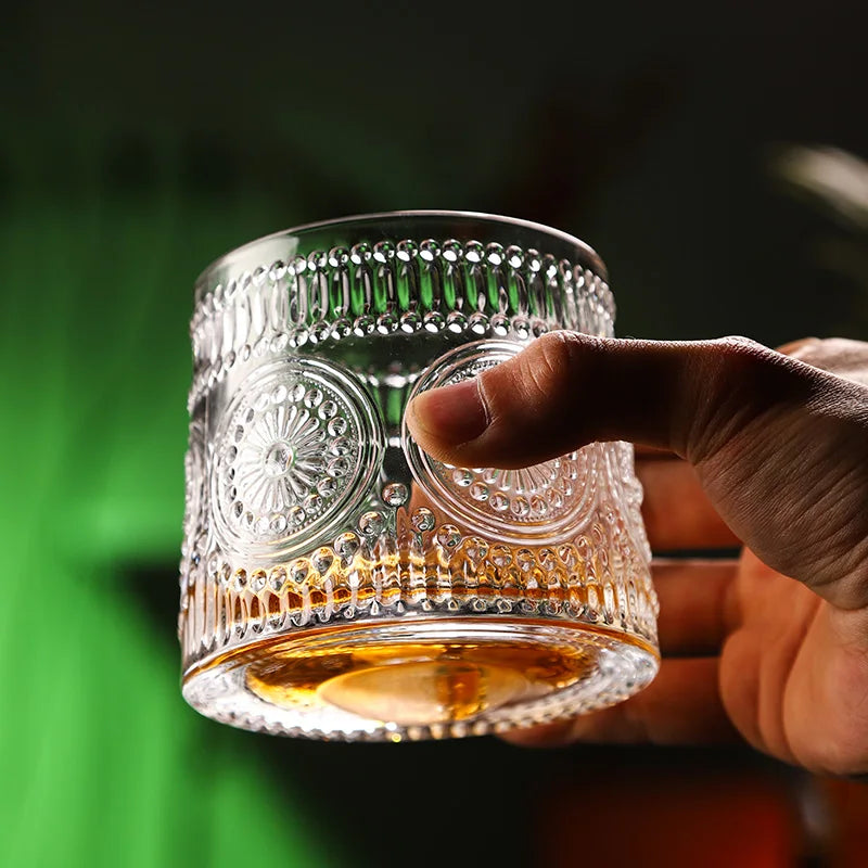 Creative Embossed Sunflower Rolled Thick Bottom Crystal Wine Glass Nordic Style Beer Mug Rotating Whiskey Glass