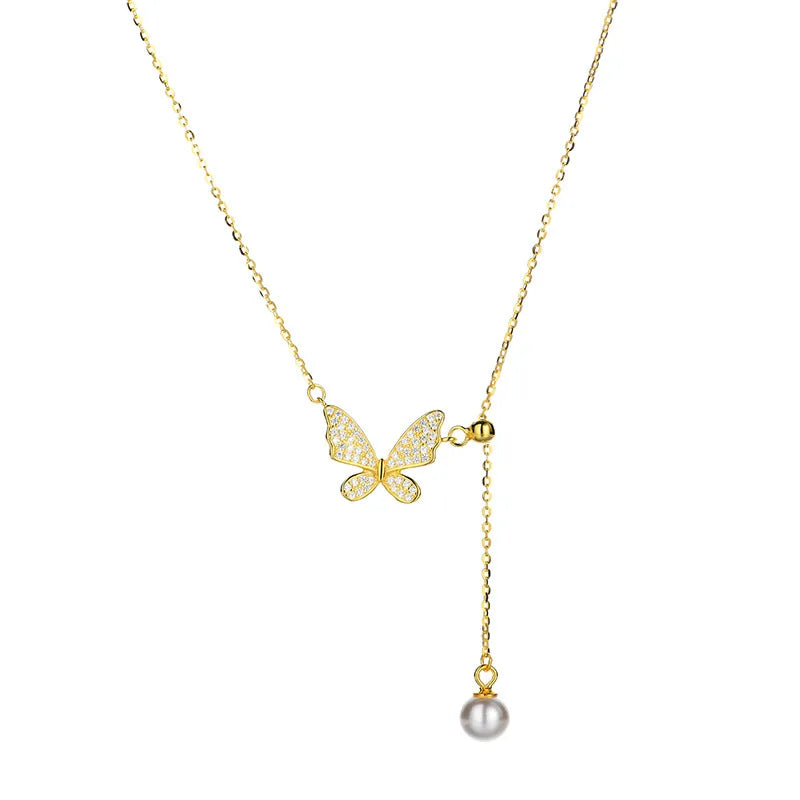 China Wholesale Gold Plated Jewelry Collares De Plata Para Mujer 925 Sterling Silver Pearl Zircon butterfly Pendant Necklace