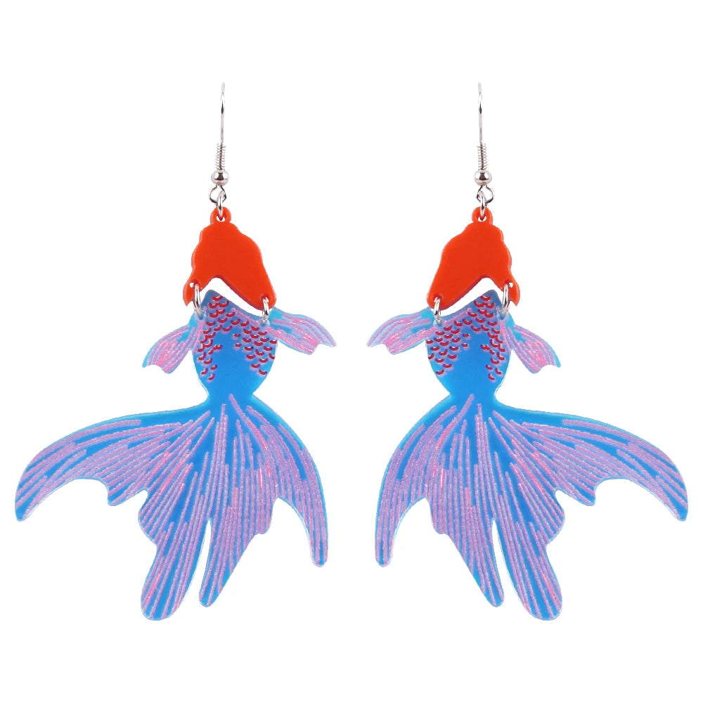 Summer New Cartoon Fresh Water Fish Pendant Earrings Blue Red Head Goldfish Acrylic Resin Drop Earrings for Girl Party Jewelry