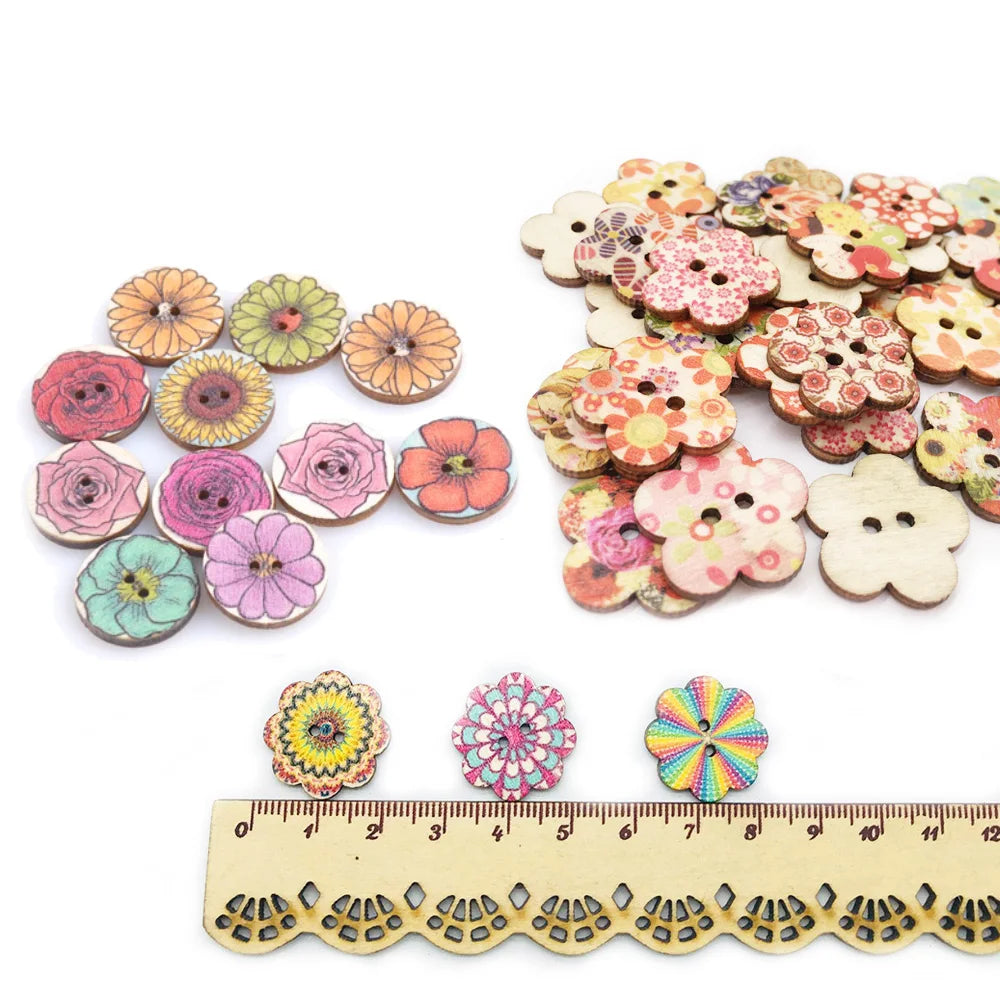 Hot Sale Two Holes 20mm 25mm Vintage Flower Printed Retro Wood Buttons for Diy Craft