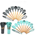 11-Pcs Wooden Handles Spoon Shovel Kitchen Accessories Cooking and Baking Tools Set Silicone Kitchen Utensils Sets With Hook