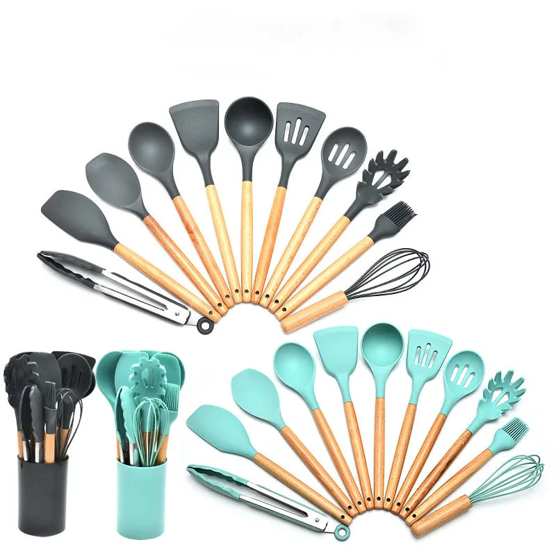 11-Pcs Wooden Handles Spoon Shovel Kitchen Accessories Cooking and Baking Tools Set Silicone Kitchen Utensils Sets With Hook
