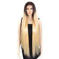 High Temperature Ash Blonde Ombre T Part Synthetic Hair Wig Long Silky Straight HD Transparent Swiss Middle Part Lace Front Wigs