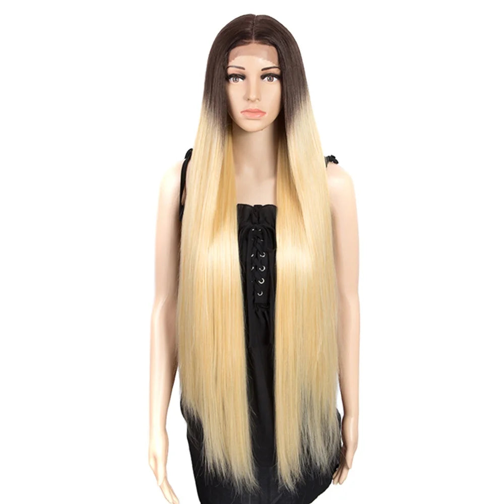 High Temperature Ash Blonde Ombre T Part Synthetic Hair Wig Long Silky Straight HD Transparent Swiss Middle Part Lace Front Wigs