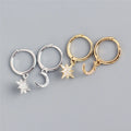 Korean Fashion 925 Genuine Sterling Silver Asymmetric Star Moon Ear Stud Earrings Gold Zircon for Women Punk Rock Jewelry Gift