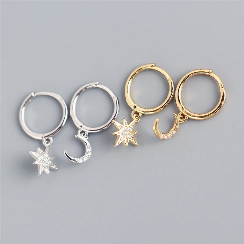 Korean Fashion 925 Genuine Sterling Silver Asymmetric Star Moon Ear Stud Earrings Gold Zircon for Women Punk Rock Jewelry Gift