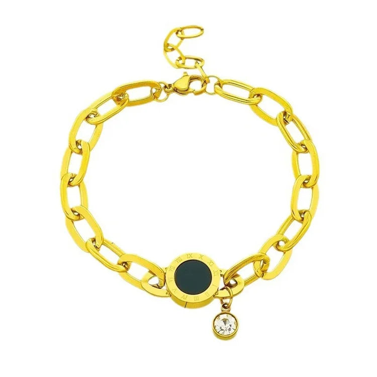 Wholesale Titanium Steel Fashion Diamond Inlaid Zircon 18k Gold Plated Link Chain Roman Numerals Bracelet