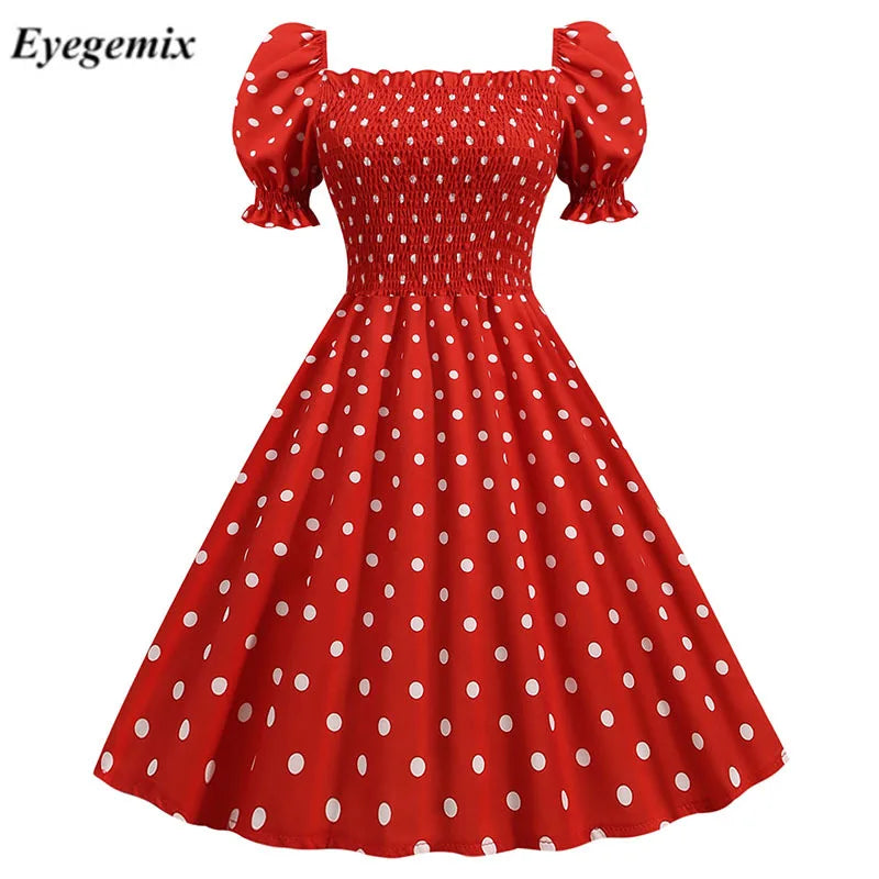Polka Dot Party Dress Elegant Women Summer Puff Short Sleeve Square Collar Elastic Waist Vintage Midi Sundress Cute Beach